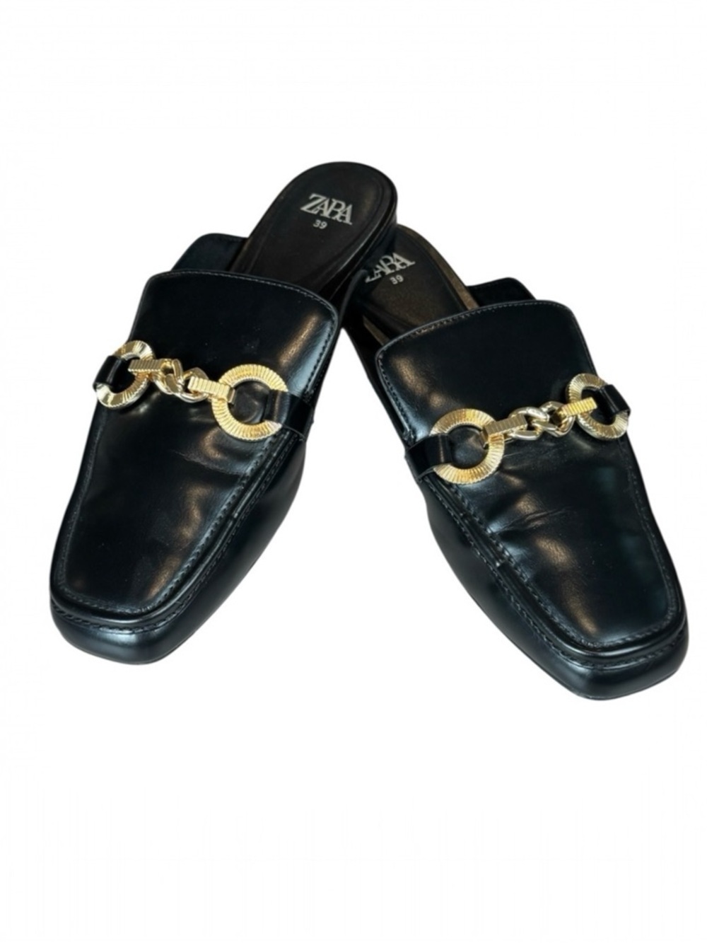 Zara Black Chain Mule Loafers Gold Hardware Square Toe Size 39 US 8.5 EUC